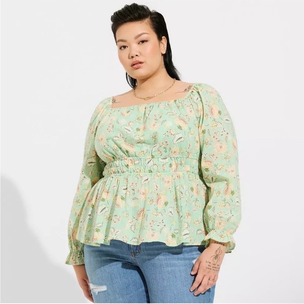 Torrid Peplum Floral Cotton Clip Dot Blouson Sleeve Smocked Top Plus Size 3X